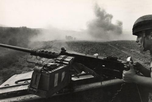 Mine patrol along the Jordan River (on left) near Tirat Zvi with dark cloud of smoke, Jordan Valley, Israel