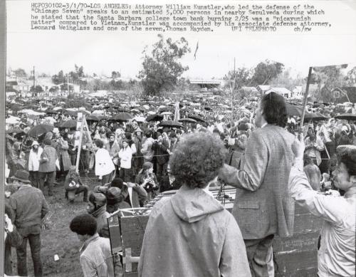 Attorney William Kunstler , who led the defense of the "Chicago Seven" speaks to an estimated 5,000 persons in nearby Sepulveda during which he stated that the Santa Barbara college town bank burning February 25 was a "picayunish matter" compared to Vietnam. Kunstler was accompanied by his associate defense attorney, Leonard Weinglass and one of the seven, Thomas Hayden, Los Angeles.