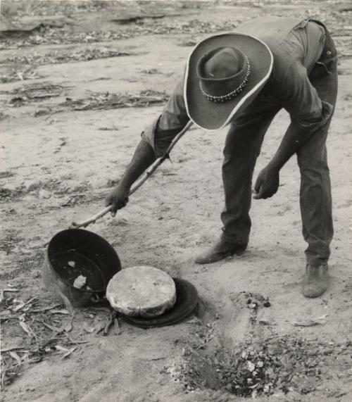 Aboriginal man baking damper (bush bread) in a campoven (cast-iron pot with lid) outdoors by an open fire, Australia