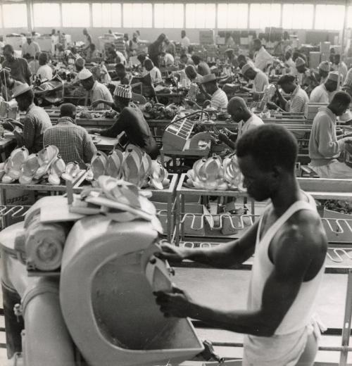 Male workers in a sandal factory, Africa