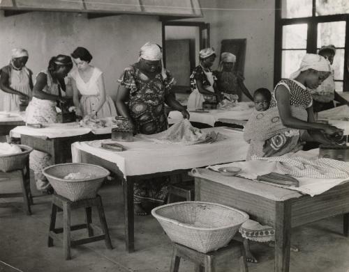 Infant care, a "Foyers Social" class given by the Red Cross, Leopoldville, the Belgian Congo (now Kinshasa, Democratic Republic of the Congo)