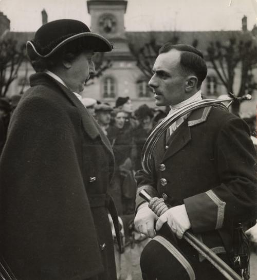 Blessing of the Hounds, Senlis Forest, France: Marquise de Chasseloup-Laubat and a member of the equipage. The scene is at the little church of Fleurines on St. Hubert's Day; the pack belongs to the equipage "Par monts et vallons," founded by Count de Vallon.