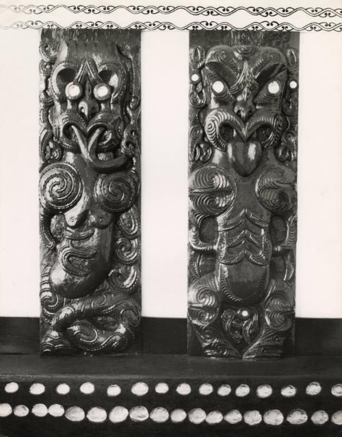 Detail of Māori wood carvings on ornate building, New Zealand