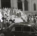 Canal Zone-Photos taken July 1953: General Naguib and party are shown leaving the Italian Catholic Hospital in Cairo. During a three-hour tour one day the General, accompanied by other officers, inspected schools and hospitals, Egypt.
