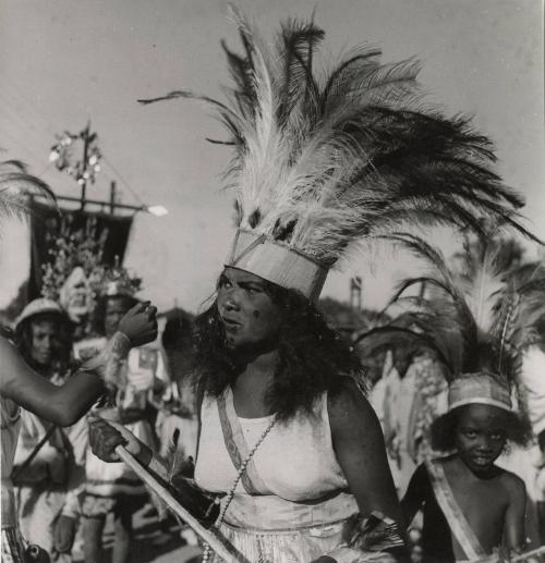 The dancers of the Catholic procession always wear headresses while do the sacred dance, Carnival, Brazil
