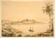 Untitled [harbor, church or mission and town on hills]